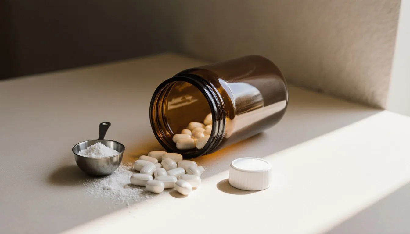 An unlabeled amber supplement bottle spilling white capsules next to a scoop of powder on a clean surface
