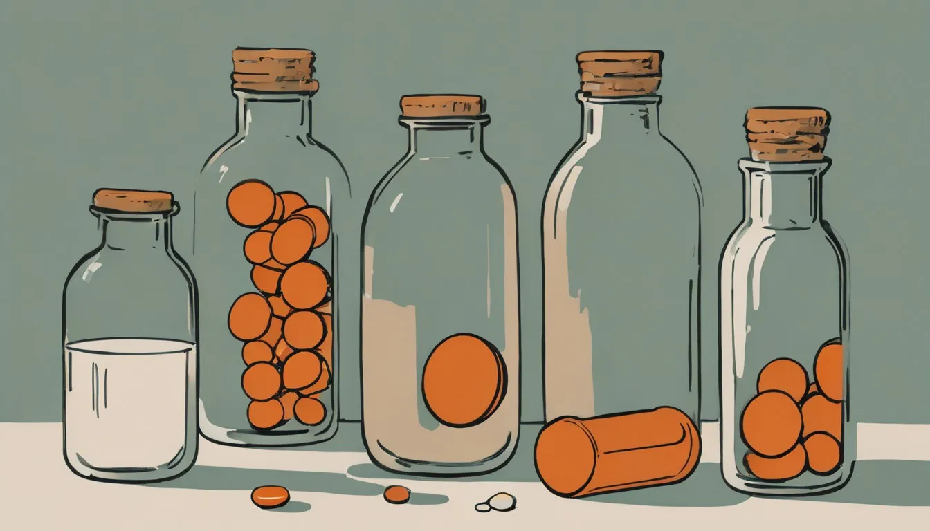 Supplement bottles and capsules arranged as a still-life, with one bottle set apart from the rest