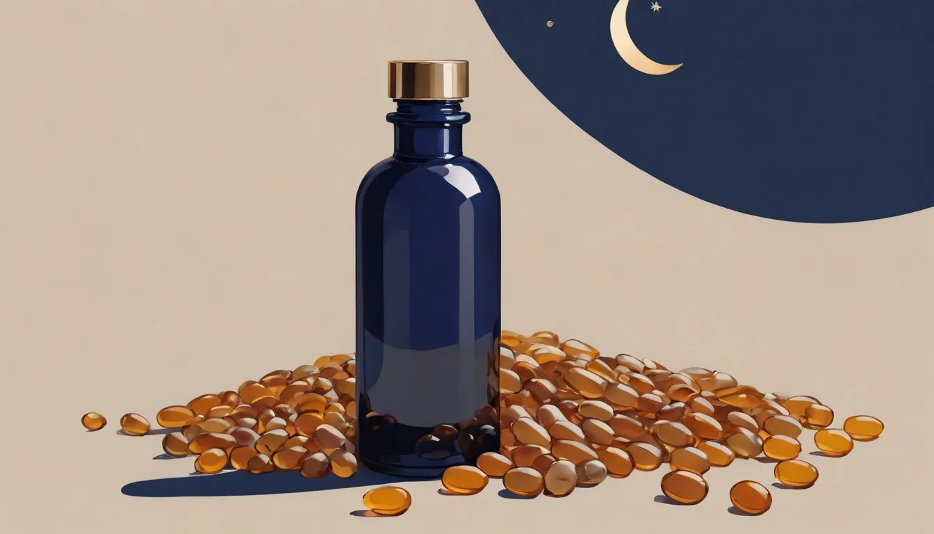 Amber supplement bottle spilling capsules that form a crescent moon shape, suggesting magnesium for sleep