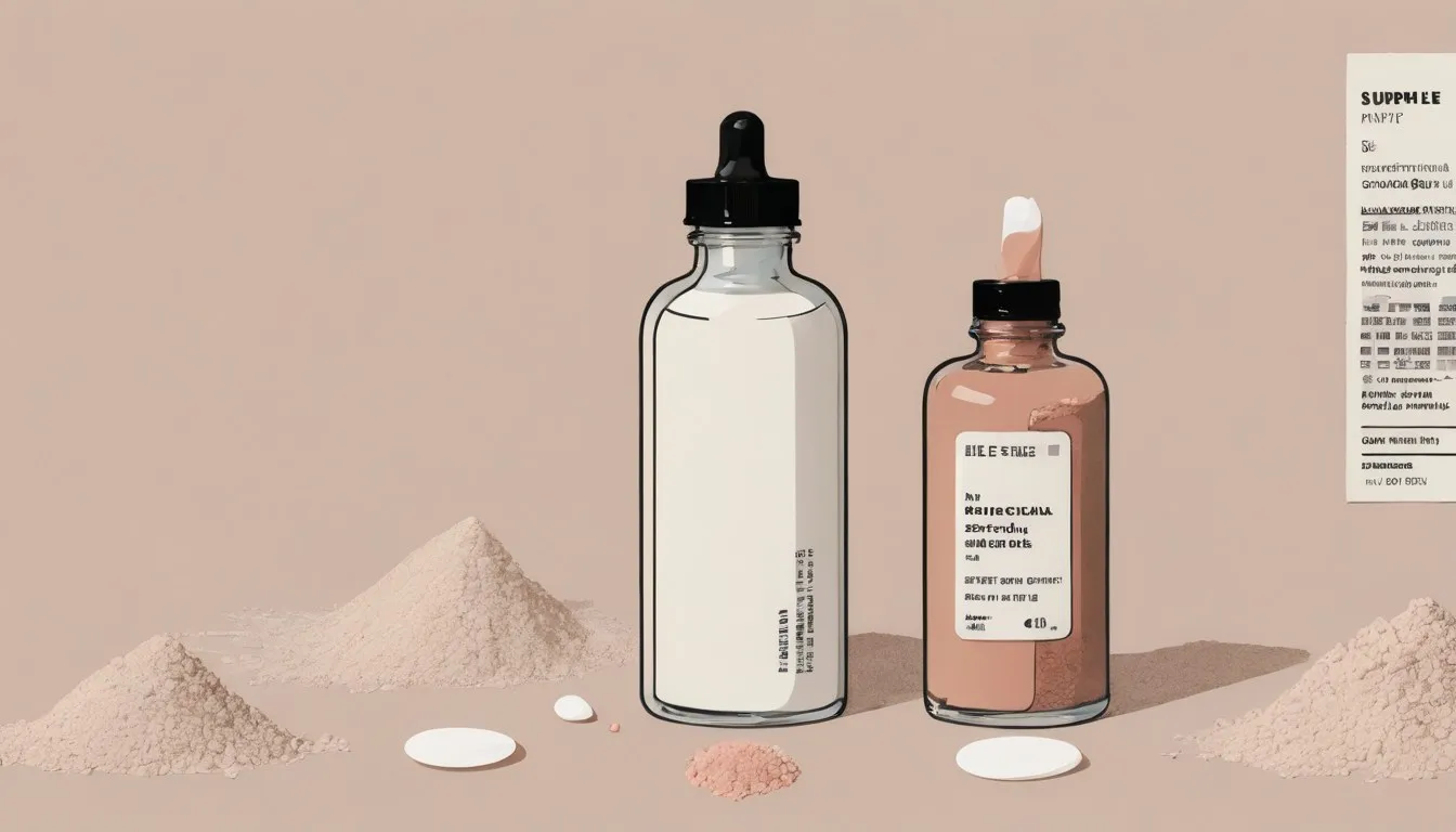 A supplement bottle with a magnifying glass over its label, surrounded by loose capsules, suggesting careful label