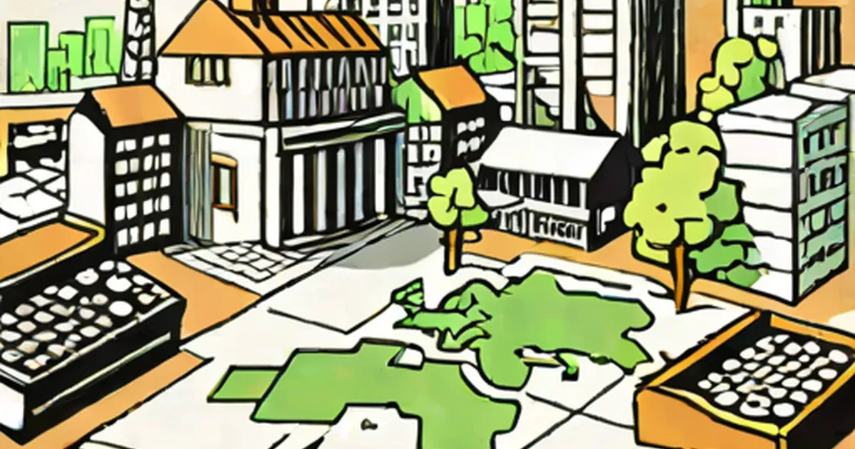 Illustrated city with green property shapes and financial calculators