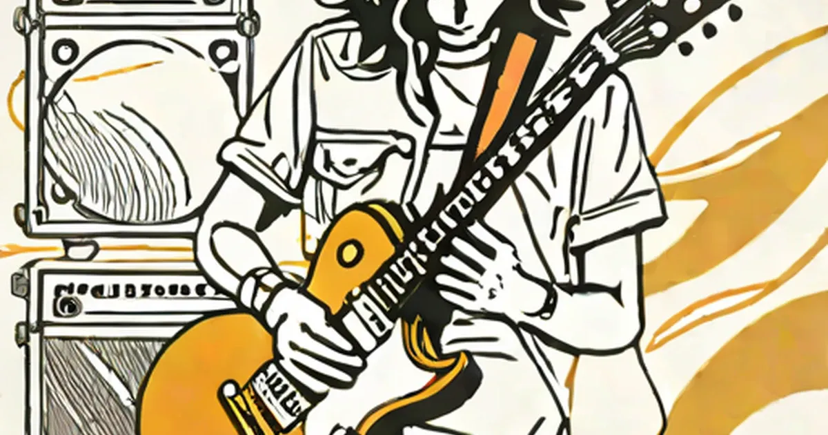 Guitarist playing electric guitar with amplifier