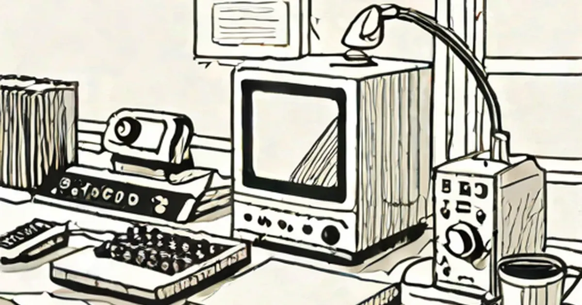 1980s computer workstation with monitor, keyboard, and vintage networking equipment