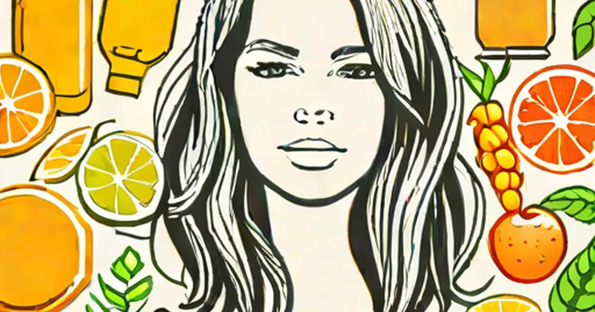 Woman with long straight hair surrounded by citrus fruits and juice bottles