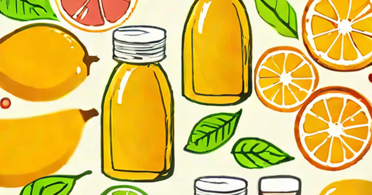 Lemons, orange, and grapefruit slices with vitamin bottles