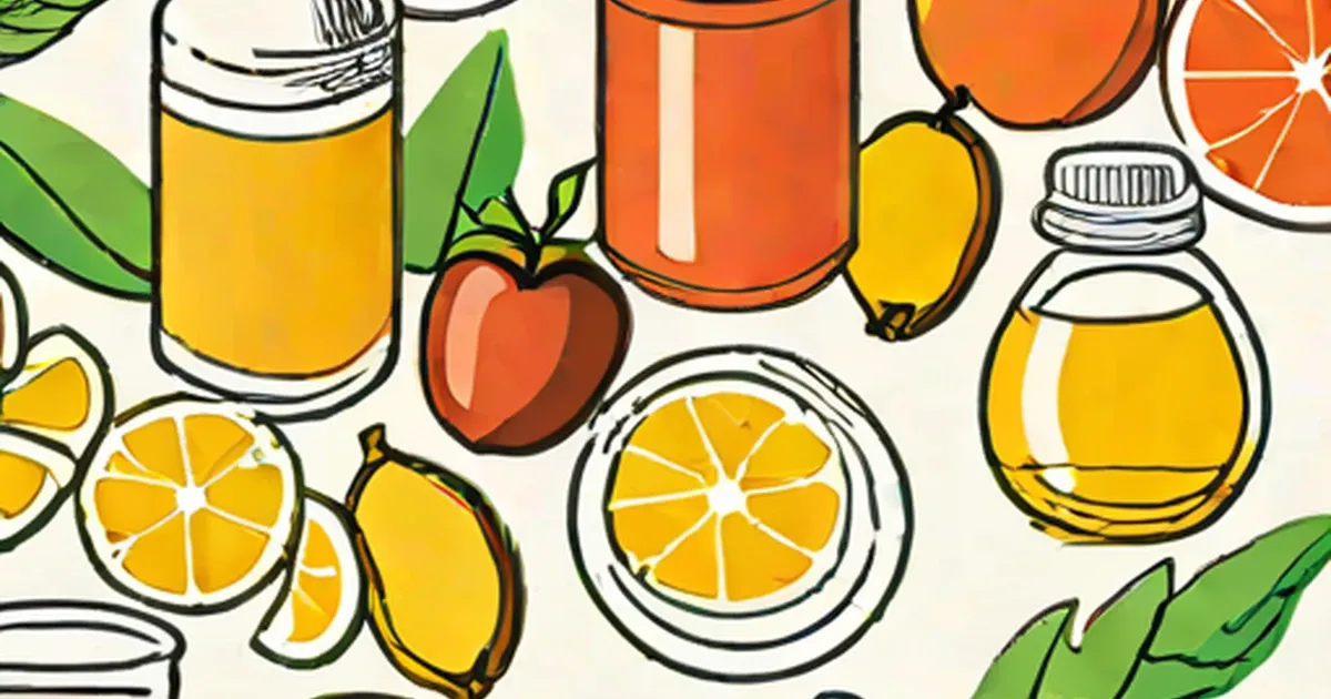 Illustration of supplement jars and bottles with fresh fruit including citrus slices, apples, and bananas
