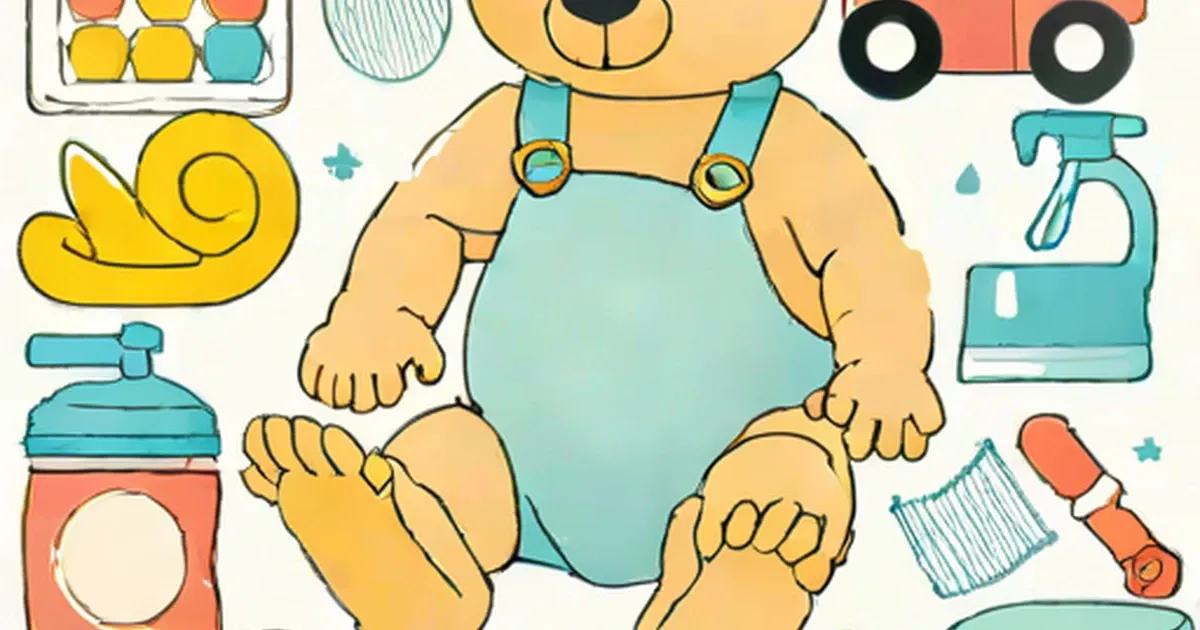 Tan bear in overalls surrounded by colorful toys and cleaning supplies