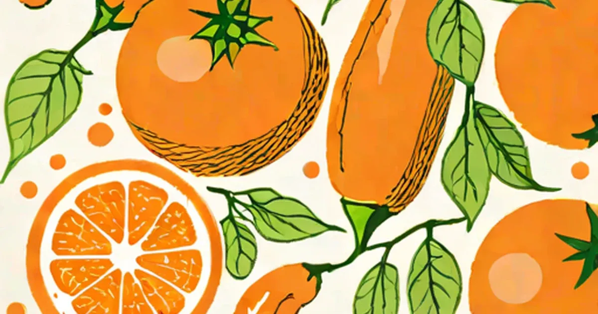 Illustrated oranges and carrots with green leaves