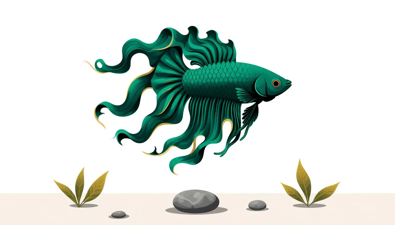 A betta fish with long flowing fins swimming above aquarium plants and a smooth stone