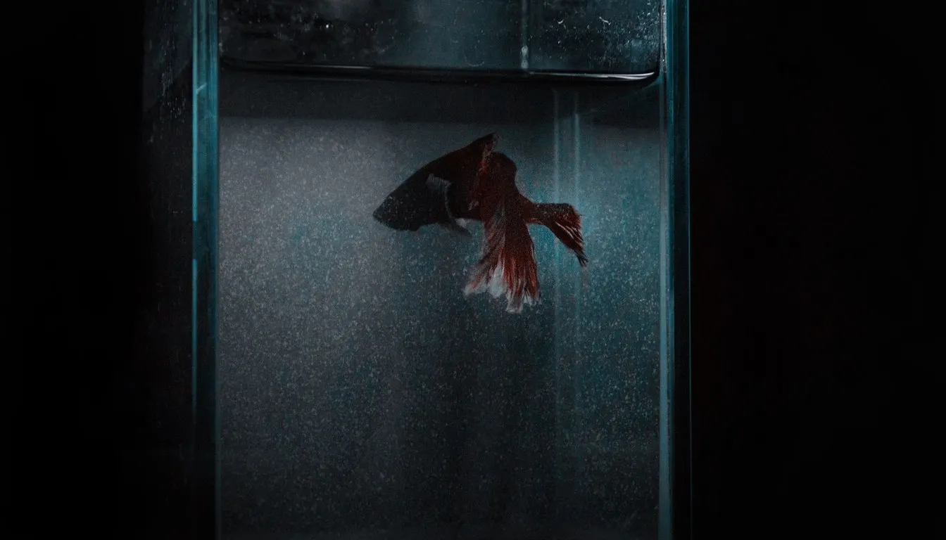 A red betta fish in a dimly lit aquarium
