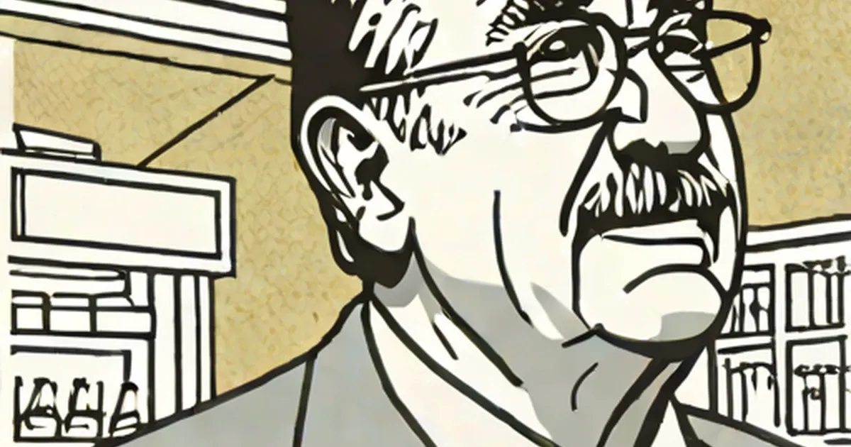 Cartoon caricature of an older man wearing glasses indoors