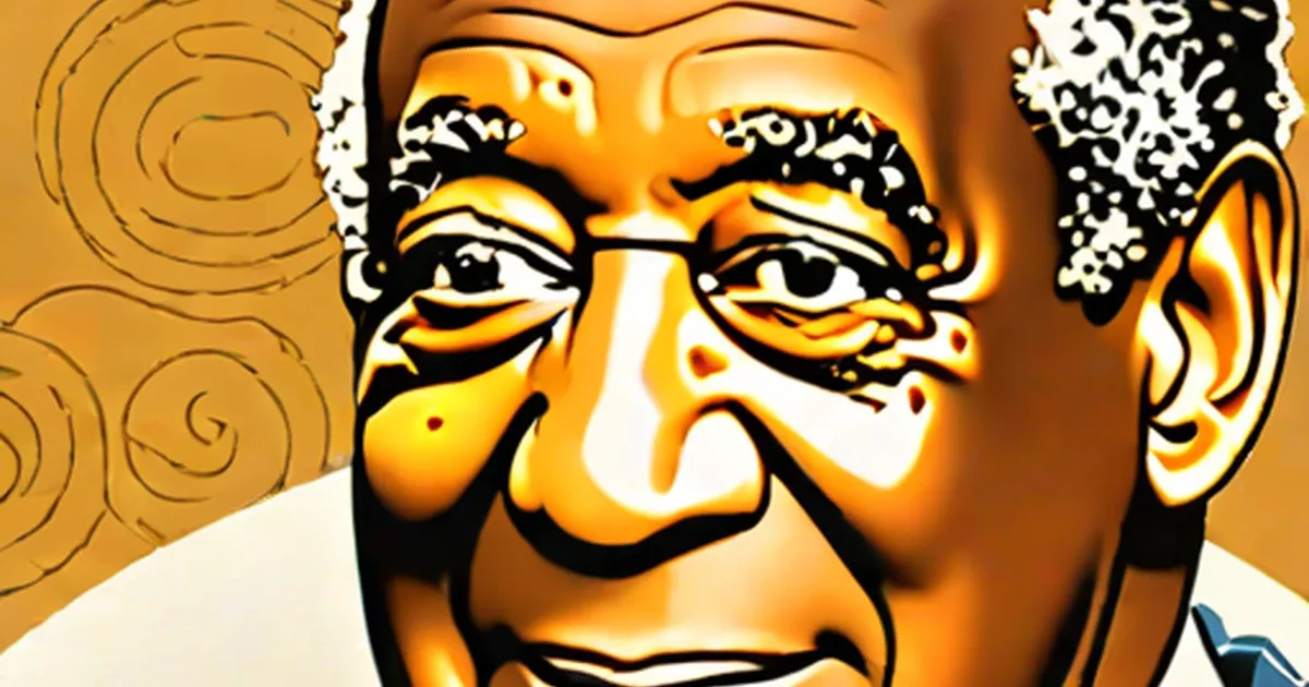 Stylized illustration of Bill Cosby’s face in golden tones with bold black outlines