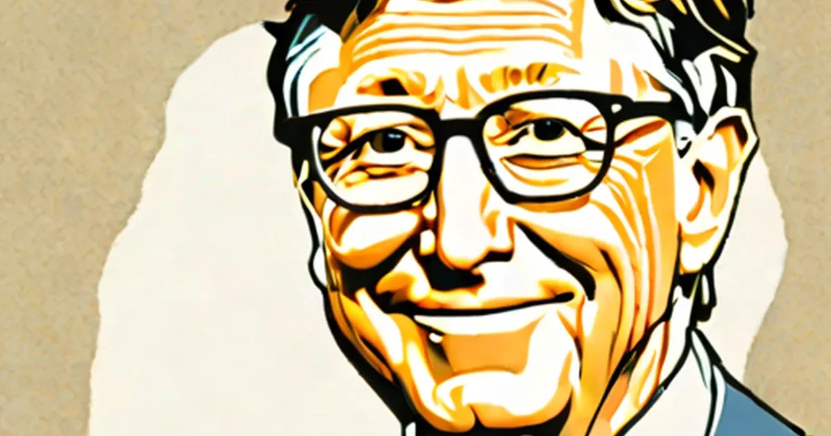 Stylized portrait of Bill Gates wearing thick-framed glasses