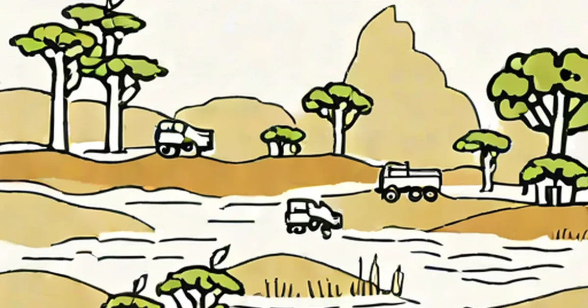 Illustration of dump trucks clearing trees from tan earth in a deforested landscape