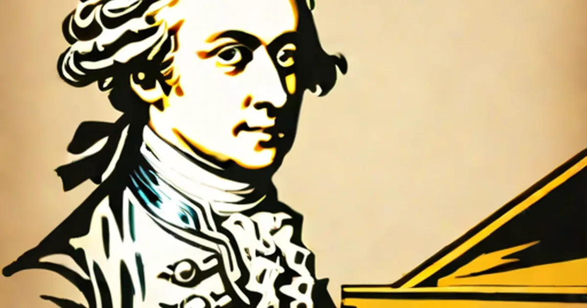 Mozart wearing formal 18th-century attire with curled hair and white cravat