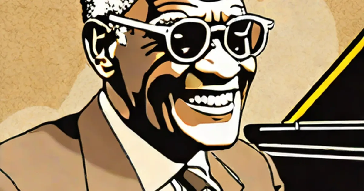 Cartoon-style portrait of Ray Charles at a piano, wearing white sunglasses