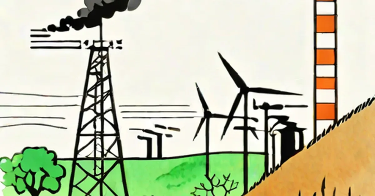 Industrial facilities with smokestacks, transmission tower, and wind turbines in a landscape