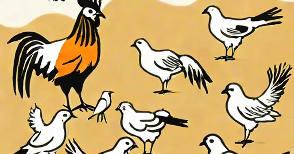 Rooster and white chickens illustrated against a golden background