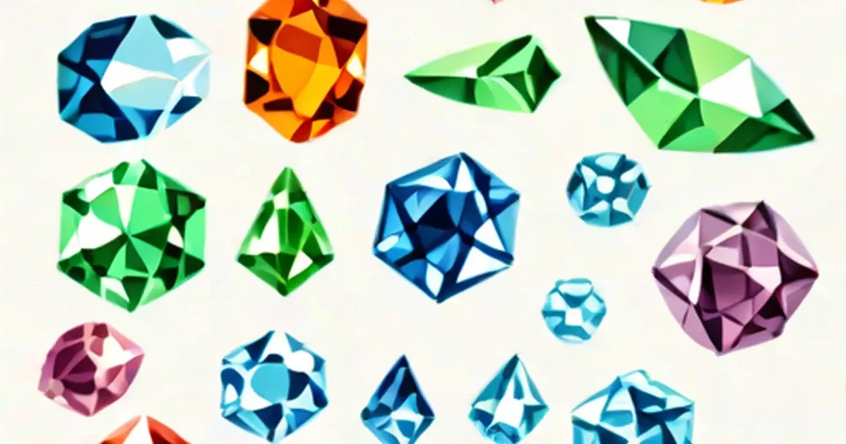 Twelve faceted gemstones in assorted colors arranged on a beige background