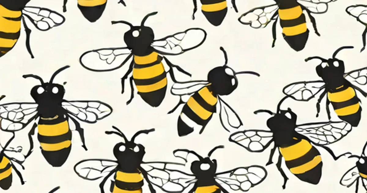 Pattern of illustrated black and yellow striped bees with transparent wings on cream background