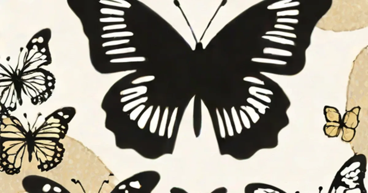 Large black butterfly with white-striped wings surrounded by smaller butterflies