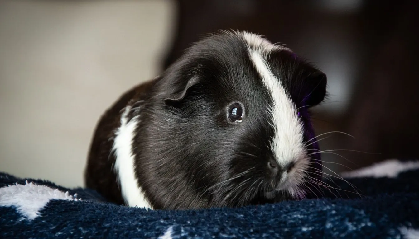 A black guinea pig with a white blaze resting on a blanket