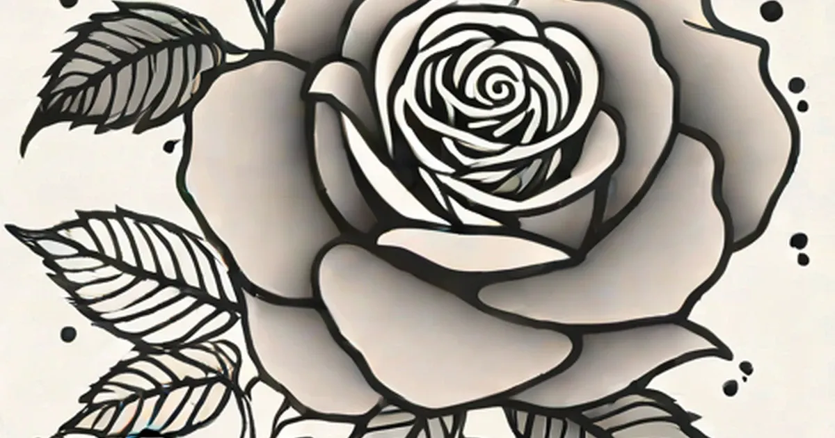 Black and white rose tattoo design with detailed leaves and decorative dots