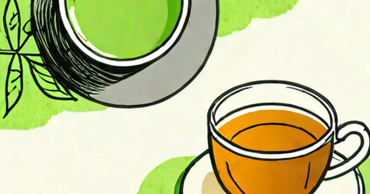 A bright green tea cup beside an amber black tea cup with tea leaves