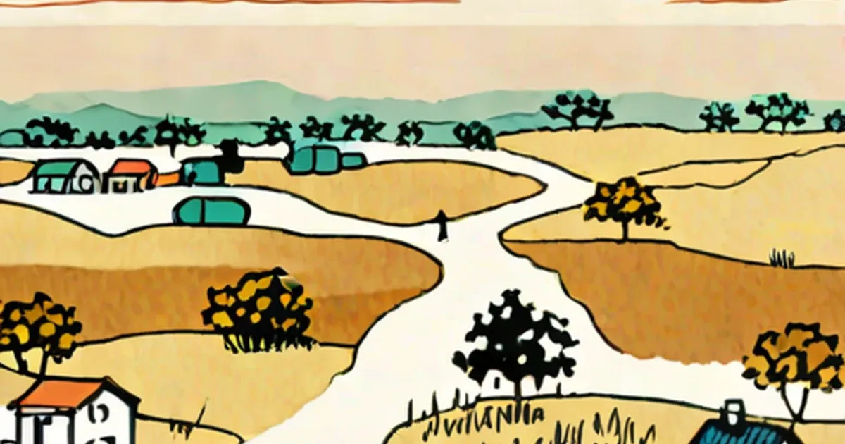 Pastoral landscape illustration with rolling hills, river, fields, trees, and farm buildings