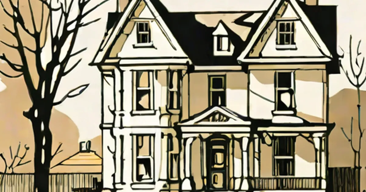 Bleak House depicted as a Victorian mansion with columned entrance and gable roofs