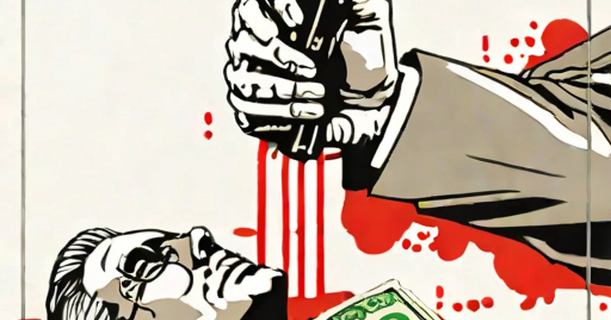 Stylized graphic with clenched fists, red splatters, and a US dollar bill