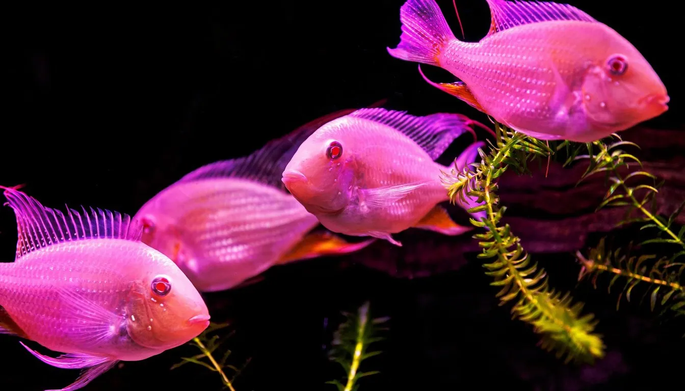 Pink blood parrot cichlids swimming together