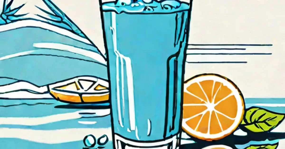 Turquoise cocktail with orange slice and tropical palm leaves against a lagoon backdrop