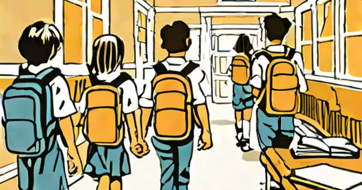 Students in uniform walk through a bright school hallway