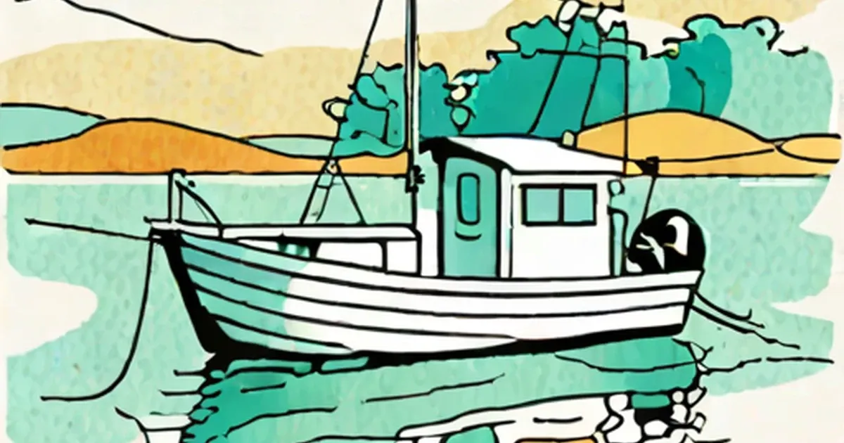 Illustrated fishing boat with cabin anchored on water