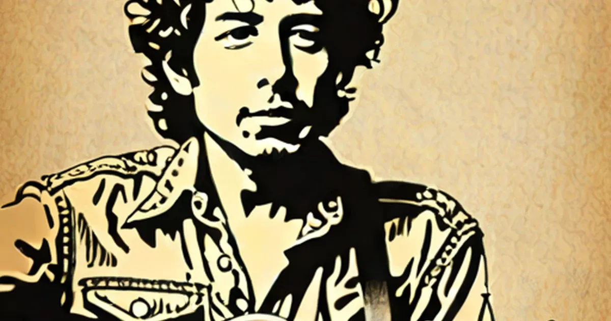 Stylized portrait of Bob Dylan with curly hair and beard in an ornate patterned jacket
