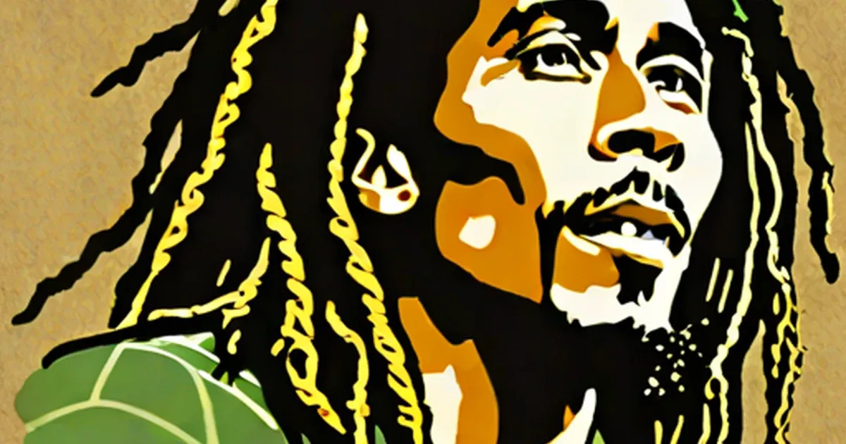 Bob Marley in a pop art style portrait with yellow-highlighted dreadlocks