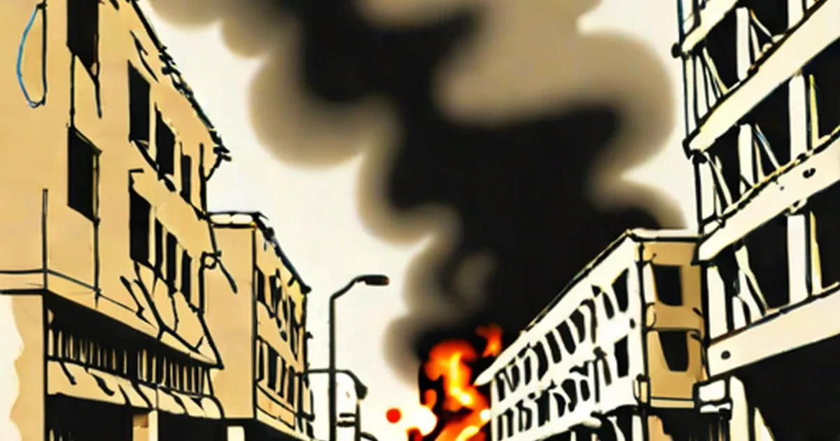 A large explosion on a city street between multi-story buildings