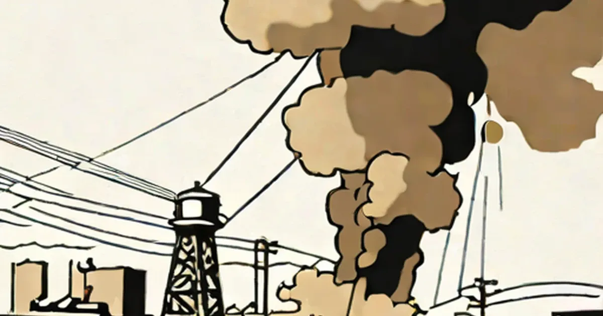 Illustrated mushroom cloud rising above utility poles and buildings