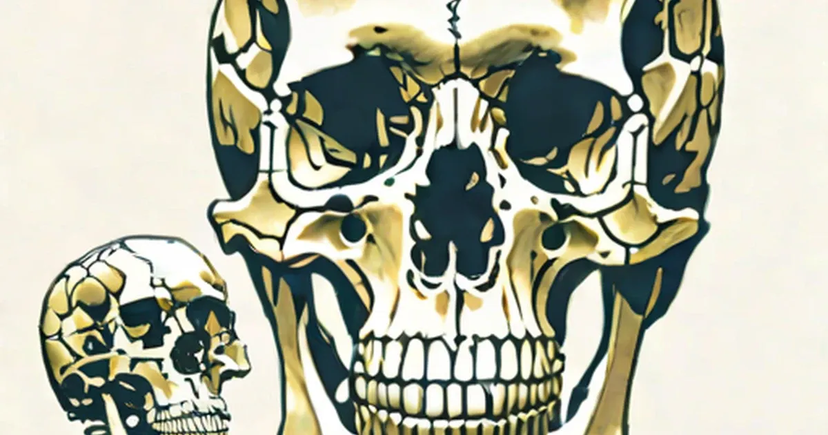 Anatomical illustration of human skull, upper spine, and shoulder bones