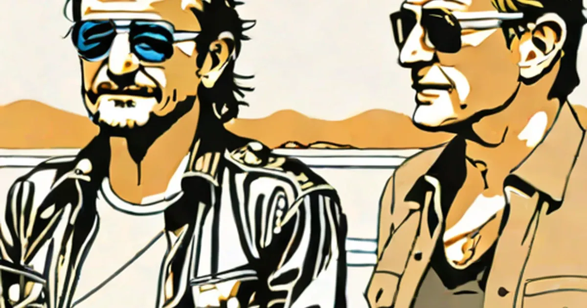 Illustration of two men on a beach wearing sunglasses