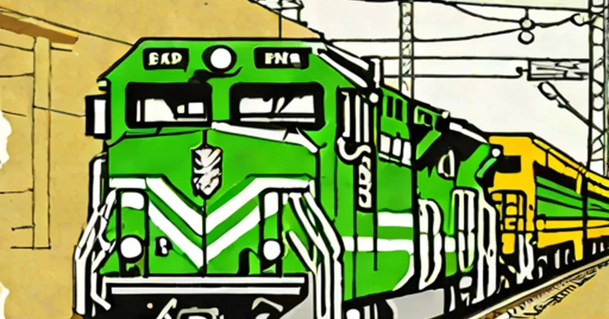 Green and black locomotive with yellow train car in cartoon style