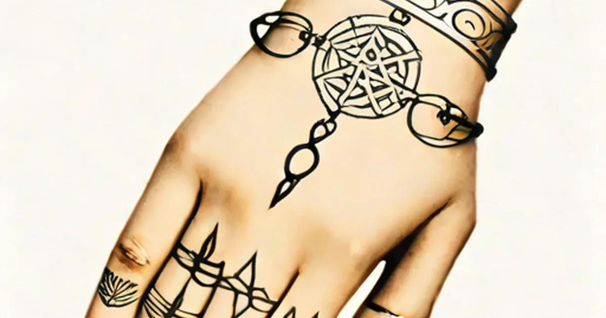 Hand with black ink bracelet tattoos featuring geometric designs
