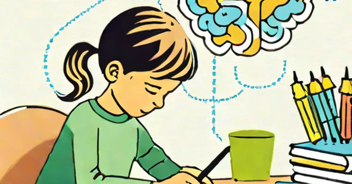Child at desk with books and colored markers, colorful brain and thought symbols overhead