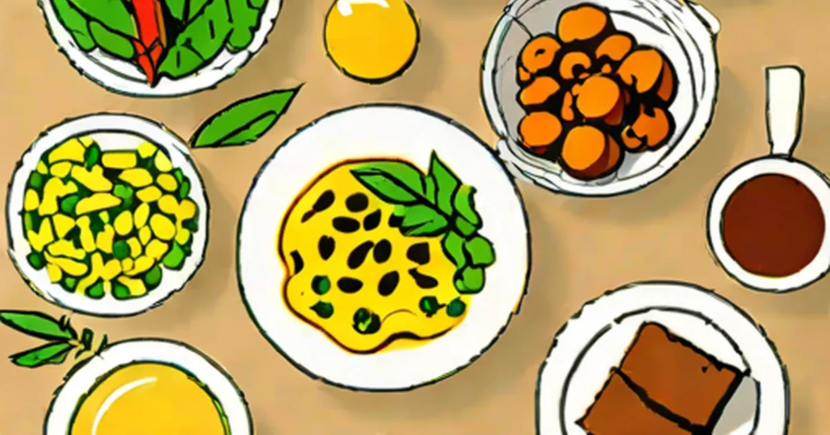 Illustration of Brazilian foods including beans, corn, cheese balls, and sauce on white plates