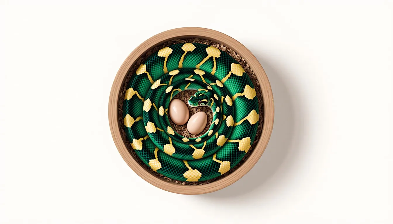A ball python coiled protectively around a clutch of eggs inside a nesting hide box