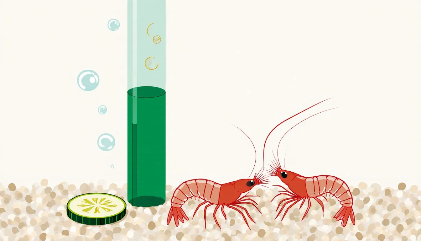 Cherry shrimp resting on aquarium gravel beside a bubble filter and a slice of zucchini
