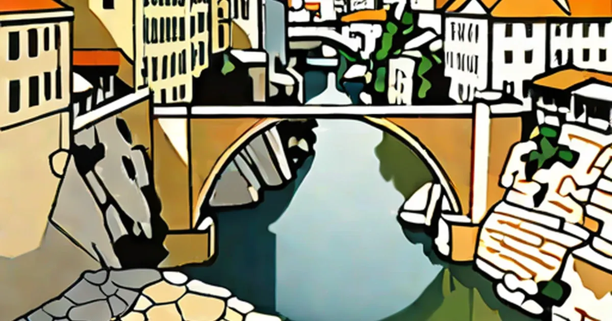 Arched stone bridge spanning a river, with buildings on both banks of a cityscape