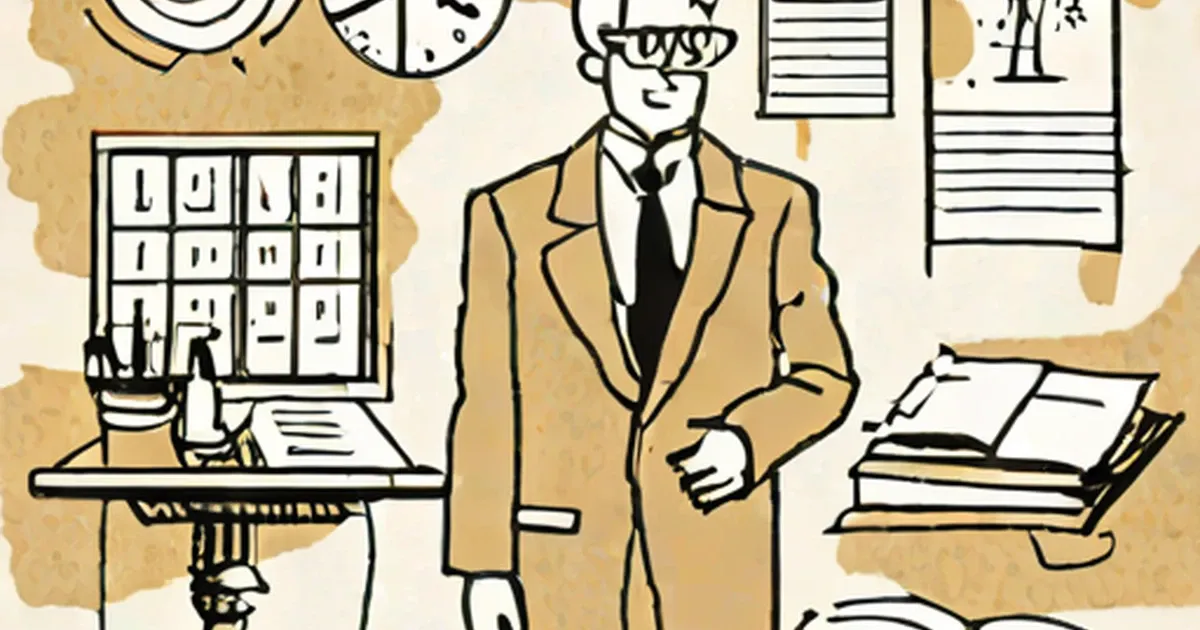 Illustrated psychologist with patterned head surrounded by research books and materials