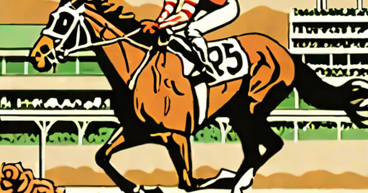 Thoroughbred racehorse with jockey racing on a dirt track